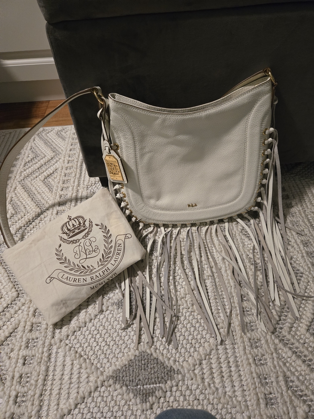 Lauren Ralph Lauren White Leather Fringe Shoulder Bag with Gold Hardware